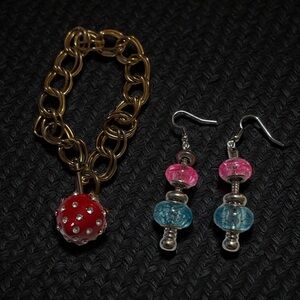 Strawberry Charm Bracelet and Pink, Blue & Silver Charm Earrings